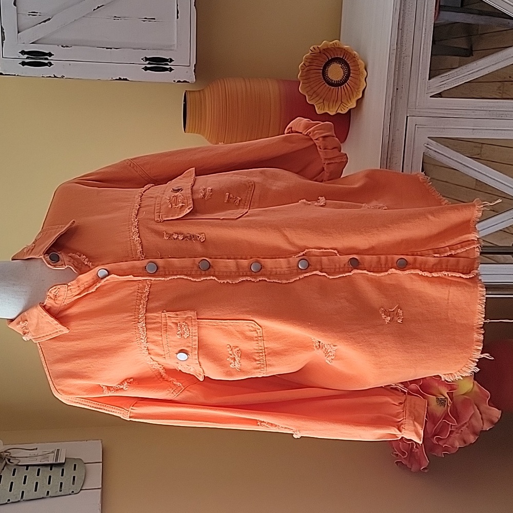 Distressed, button up, long sleeve shirt, layering top - Picture 2 of 9